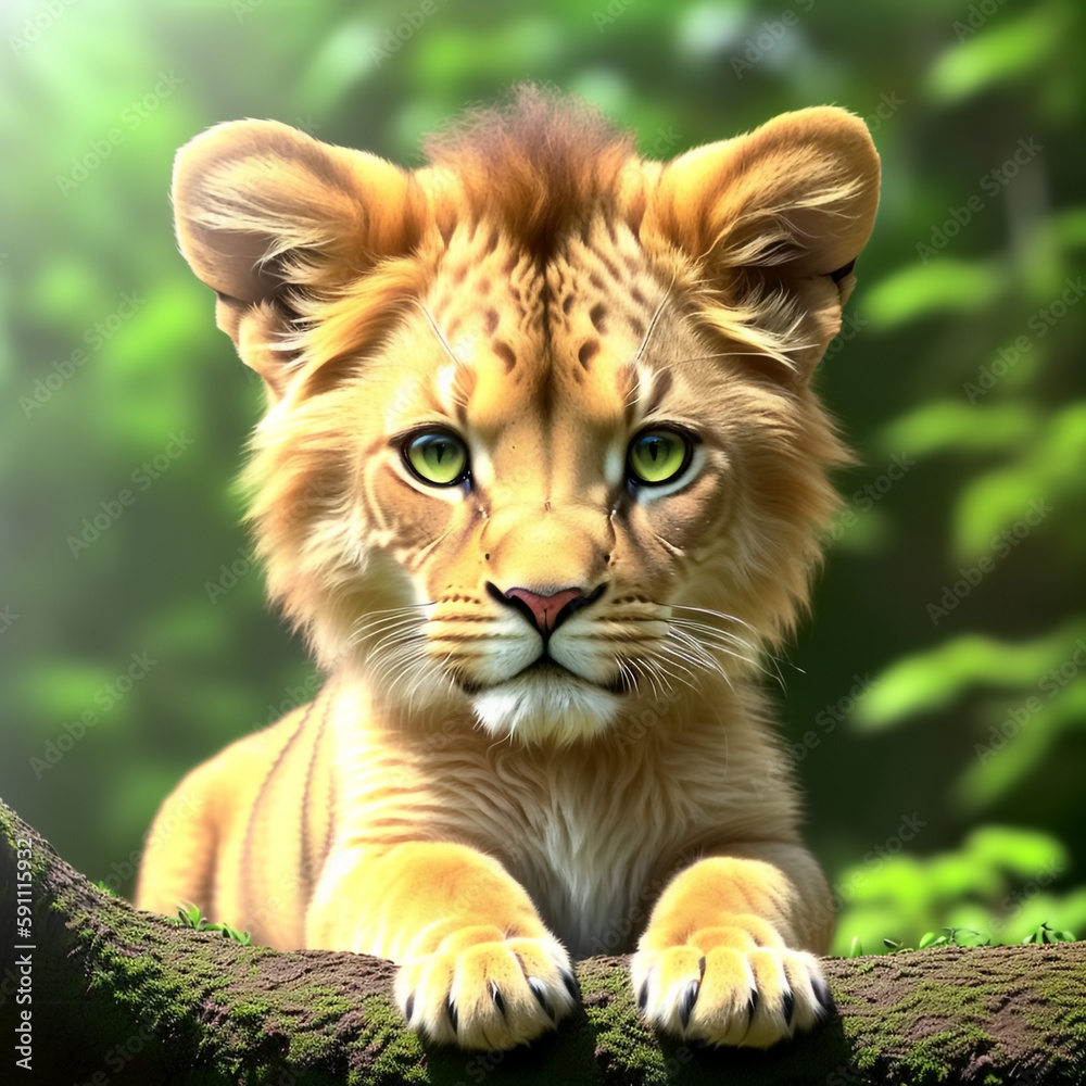 Fototapeta premium Cute and adorable little lion in forest. Generative AI