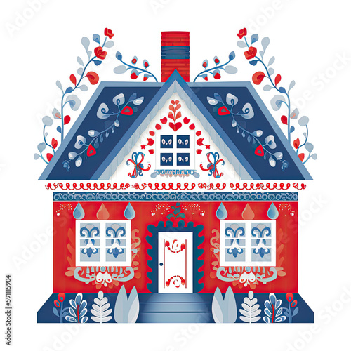 Scandanavian folk art house illustration, generative ai photo