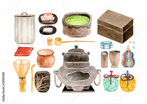 茶道の道具セット一式　水彩 イラスト