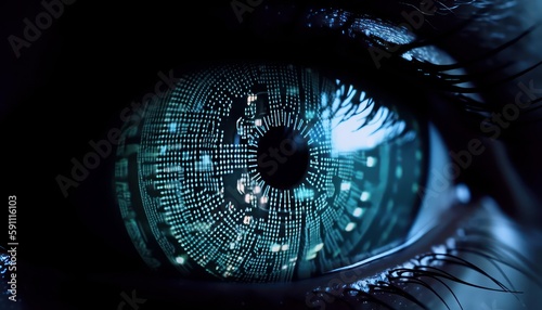 Close up view of cybernetic eye. Beautiful illustration picture. Generative AI
