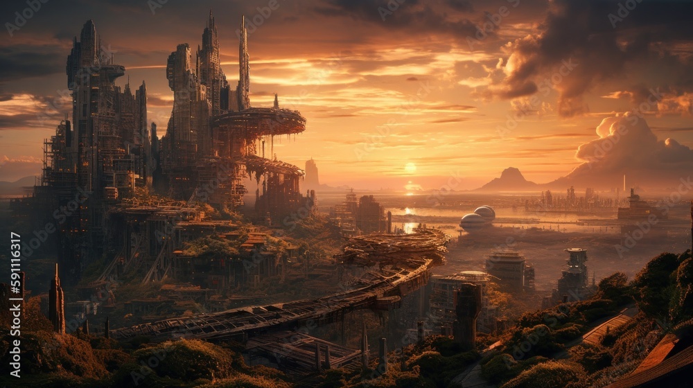 Fantasy futuristic world dystopian city at sunset. Generative AI
