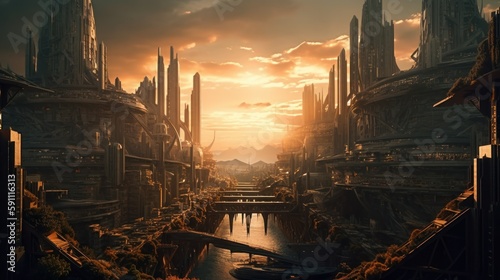 Fantasy futuristic world dystopian city at sunset. Generative AI