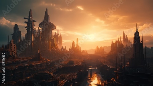 Fantasy futuristic world dystopian city at sunset. Generative AI © senadesign