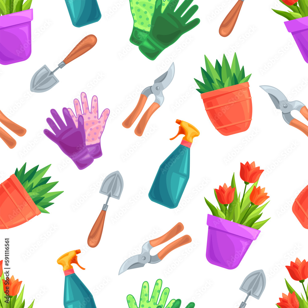 Red tulips and leaves in different colorful pots, gloves, sprayer, scissors, fork on a white background. Gardening. Seamless spring pattern. Clipping. Suit for packaging, textile. Red tulips and leaves in different colorful pots, gloves, sprayer, scissors, fork on a white background. Gardening. Seamless spring pattern. Clipping. Suit for packaging, textile.