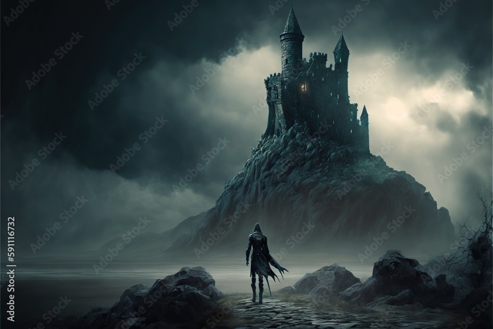 Dark grotesque castle in thunderstorm and small medieval warrior on ...