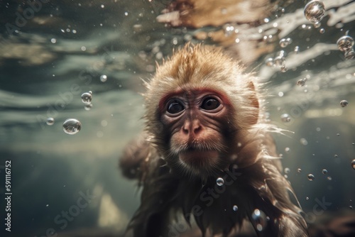 Monkey is swimming underwater. Beautiful illustration picture. Generative AI