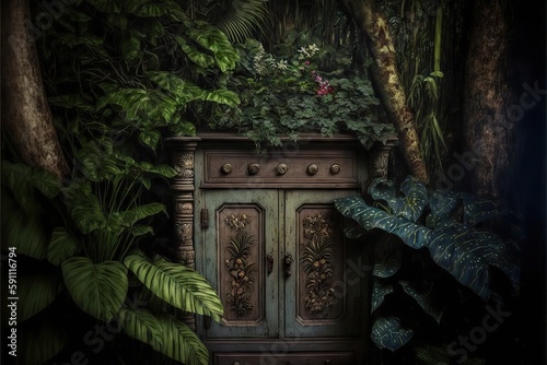 Old wooden cupboard among tropical plants and flowers in rainforest, created with generative ai