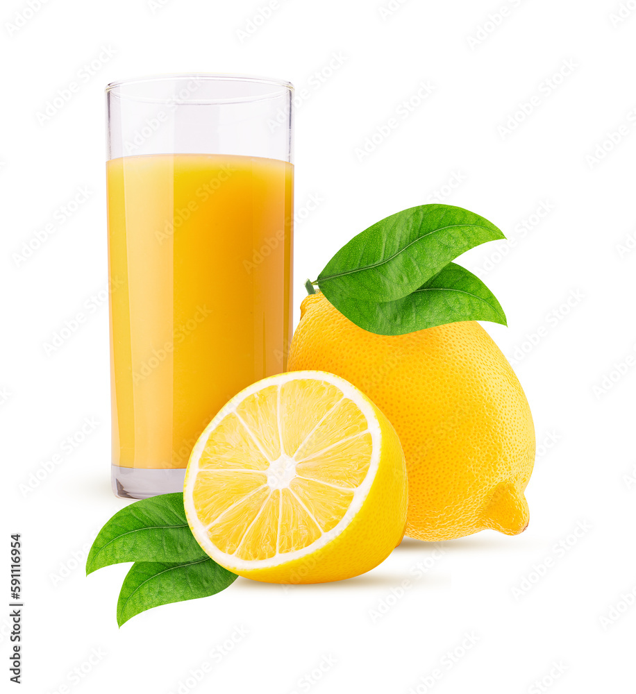 Glass of freshly squeezed lemon juice and lemon one cut in half with green leaf Glass of freshly squeezed lemon juice and lemon one cut in half with green leaf