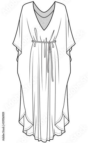 women's deep v neck flared flowy maxi dress flat sketch vector illustration technical cad drawing template