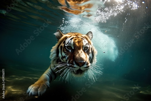 Tiger is swimming underwater. Beautiful illustration picture. Generative AI
