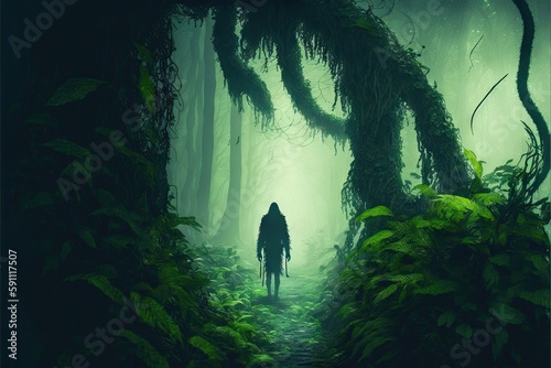 Leshy walking among huge ferns in mystical foggy forest, created with generative ai
