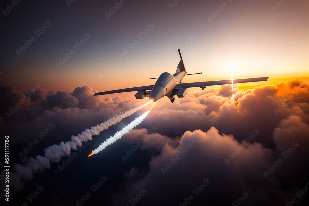 Combat drone in the sky on a mission, an unmanned aerial vehicle launches missiles at a target, Generative AI. Combat drone in the sky on a mission, an unmanned aerial vehicle launches missiles at a target, Generative AI.