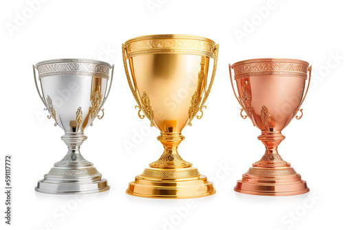 Golden, silver, bronze winner cup on a white isolated background, award for three places in the championship, Generative AI.