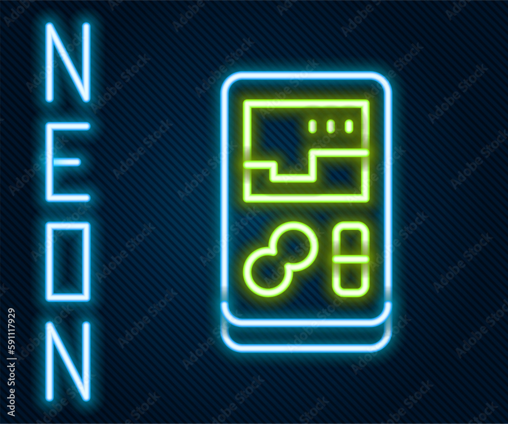 Glowing neon line Portable video game console icon isolated on black background. Handheld console gaming. Colorful outline concept. Vector Glowing neon line Portable video game console icon isolated on black background. Handheld console gaming. Colorful outline concept. Vector