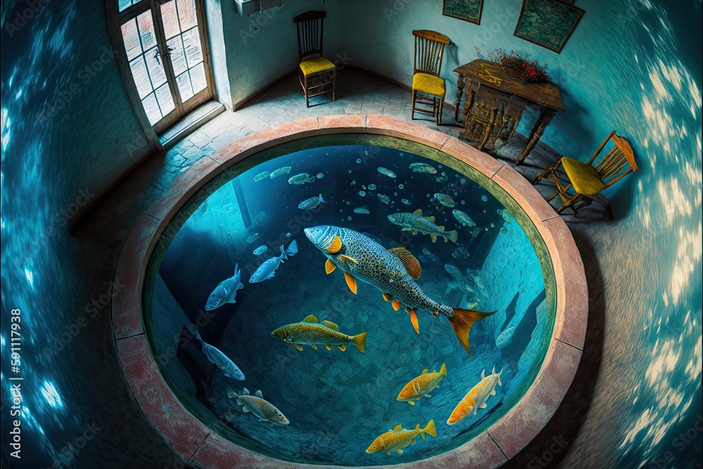 Fishes swimming in small cozy indoor pool, created with generative ai