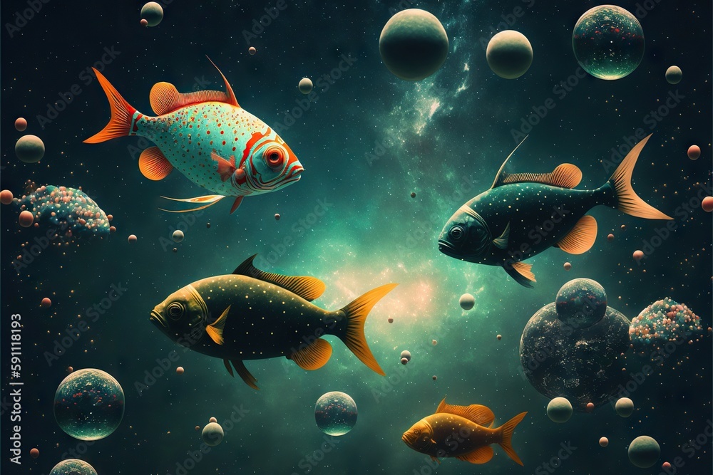 Fishes floating in outer space with planets and stars in retro style, created with generative ai Fishes floating in outer space with planets and stars in retro style, created with generative ai