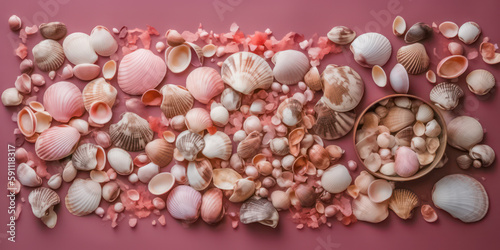 A beautiful pink seashell and coral on the pink background