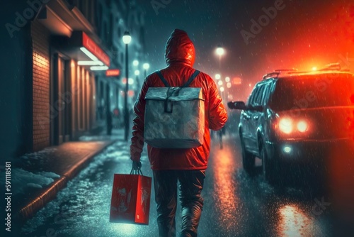 Courier with bags and backpack walking down dark street food delivery, created with generative ai