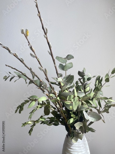 A bouquet of green eucalyptus and pistachio branches with willow branches in a white vase on a chest of drawers. Natural elements of spring