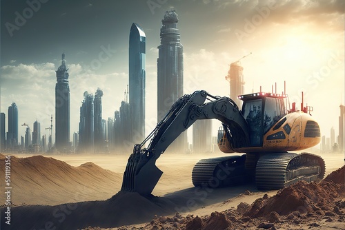 Big smooth black futuristic excavator digging ground with distant future city in background, created with generative ai