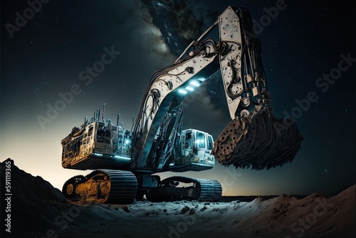 Low angle view of futuristic high-tech steel excavator with night sky in background, created with generative ai