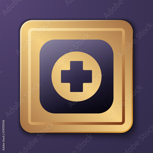 Purple Hospital signboard icon isolated on purple background. Gold square button. Vector