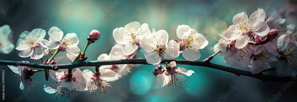 Horizontal image with cherry blossom, spring flowers, sakura. Generative AI