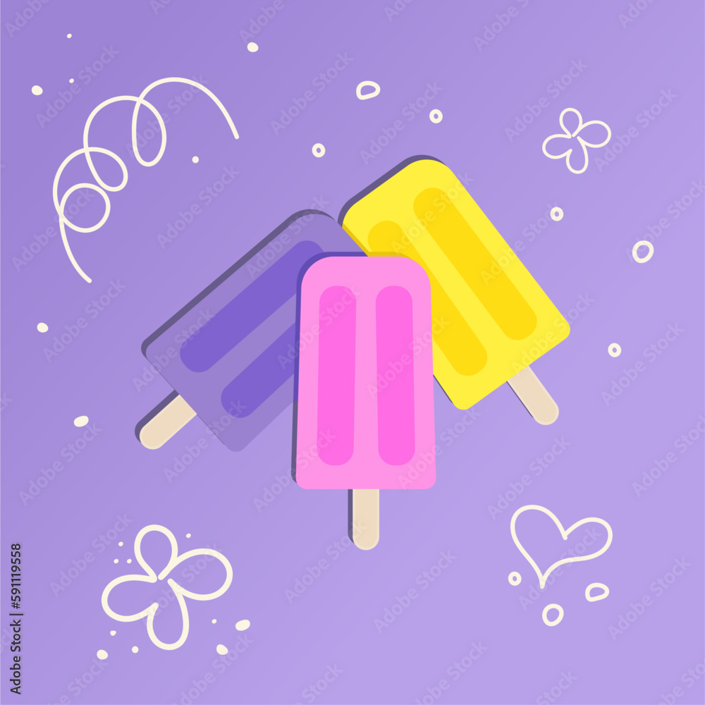 fruit ice, ice-cream yellow, pink, violet colors with one line heart, flowers fruit ice, ice-cream yellow, pink, violet colors with one line heart, flowers