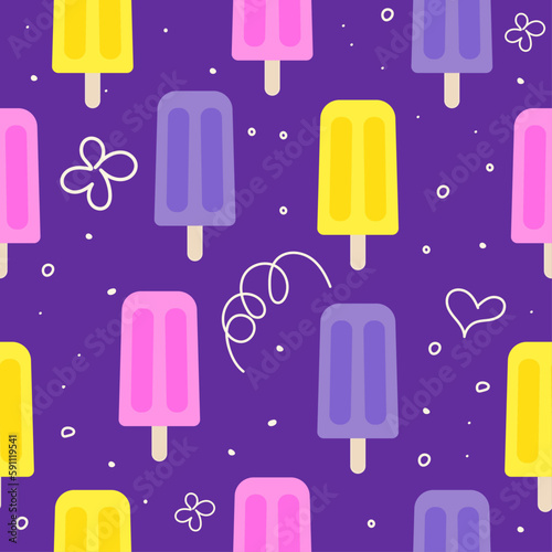 seamless pattern with yellow  pink  violet fruit ice  ice-cream colors with one line heart  flowers