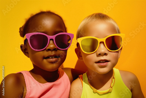 Funny portrait of little kids in summer styling with sunglasses, trendy kids ready for the beach. Modern bright vivid colors. Generative AI.