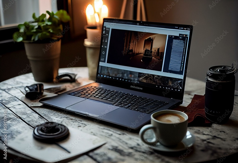An open laptop and a cup of coffee on the table. Working atmosphere, home comfort, working. Generative AI An open laptop and a cup of coffee on the table. Working atmosphere, home comfort, working. Generative AI