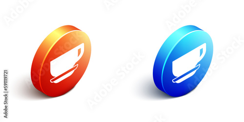 Isometric Coffee cup icon isolated on white background. Tea cup. Hot drink coffee. Orange and blue circle button. Vector