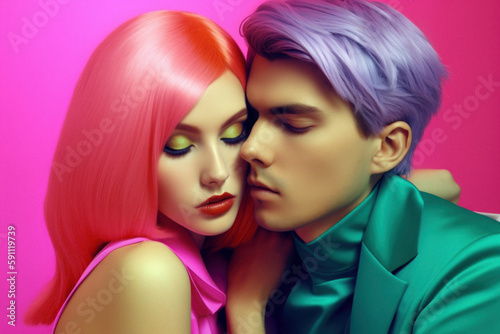 Fashionable fashion couple in love in elegant contemporary styling on vivid background, bright pink and yellow colors. A guy and a girl are posing as models. Generative AI.