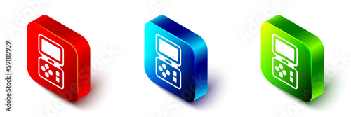 Isometric Portable tetris electronic game icon isolated on white background. Vintage style pocket brick game. Interactive playing device. Red, blue and green square button. Vector