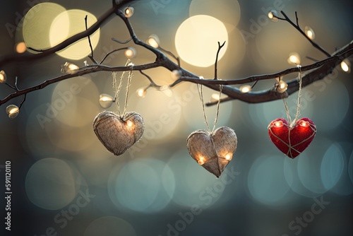 Beautiful and delicate heart shaped Christmas ornaments on tree branch  blurred background. Generative AI