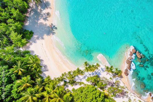 Paradise beach of a tropical island, palm trees, white sand, azure water. Drone view. Generative AI.