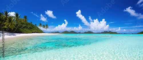 Paradise beach of a tropical island, palm trees, white sand, azure water, Generative AI.