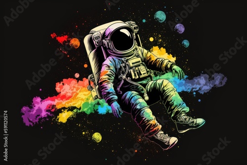Colorful picture. Astronaut that is in space suit. Beautiful illustration. Generative AI © standret