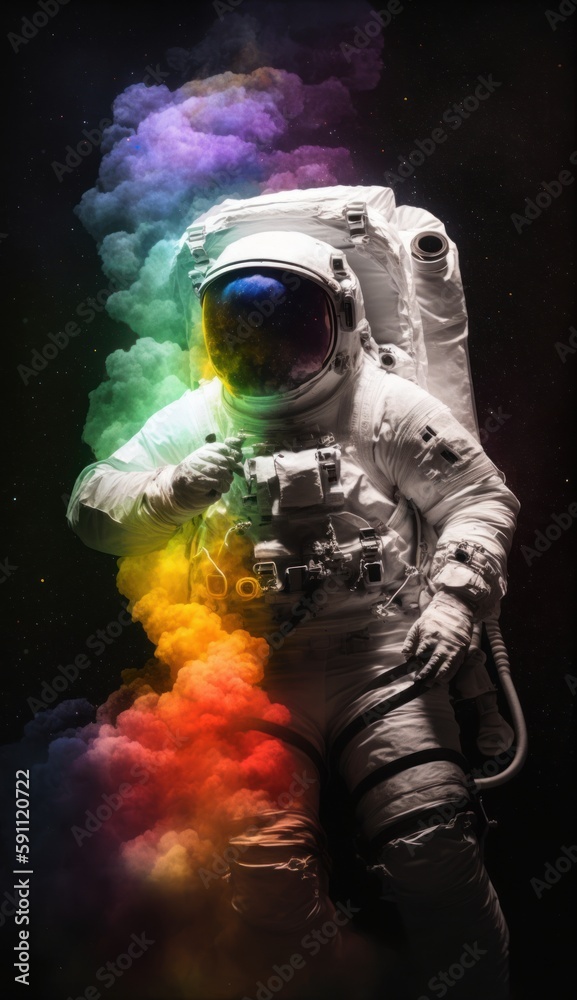 Rainbow colors. Astronaut that is in space suit. Beautiful illustration picture. Generative AI Rainbow colors. Astronaut that is in space suit. Beautiful illustration picture. Generative AI