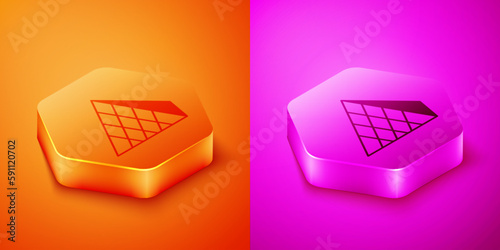 Isometric Louvre glass pyramid icon isolated on orange and pink background. Louvre museum. Hexagon button. Vector