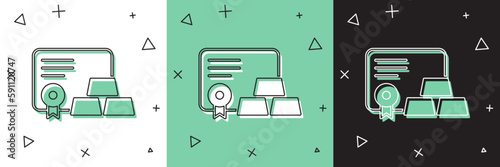 Set Gold bars with certificate icon isolated on white and green, black background. Banking business concept. Vector