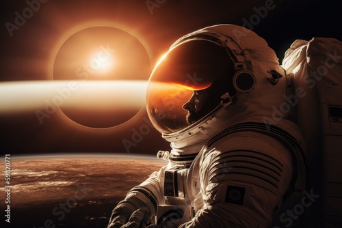 Side view, sunlight. Astronaut that is in space suit. Beautiful illustration picture. Generative AI