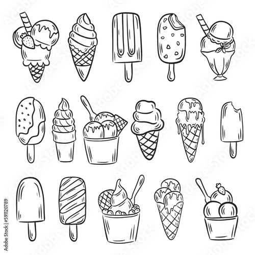 Set of hand drawn ice cream line doodle kitchen shop or cafe decoration