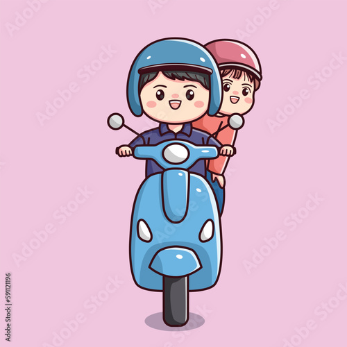 Cute happy couple boy and girl riding motorcycle scooter flat outline character cartoon kawaii chibi