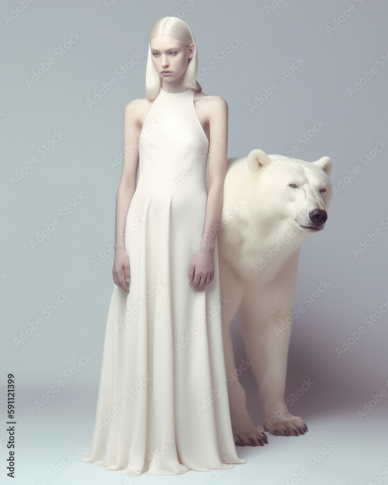 Snow white abstract elegant portrait of a young beautiful girl with a big dangerous polar bear. Gentle white color tones, women and wild animal. Generative AI. Snow white abstract elegant portrait of a young beautiful girl with a big dangerous polar bear. Gentle white color tones, women and wild animal. Generative AI.