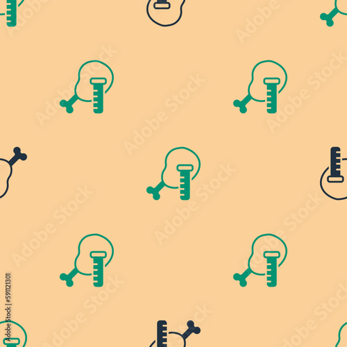 Green and black Genetically modified chicken icon isolated seamless pattern on beige background. Syringe being injected to chicken. Vector