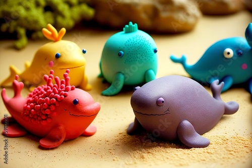 Multicolored plasticine marine animals lying on yellow sand, created with generative ai