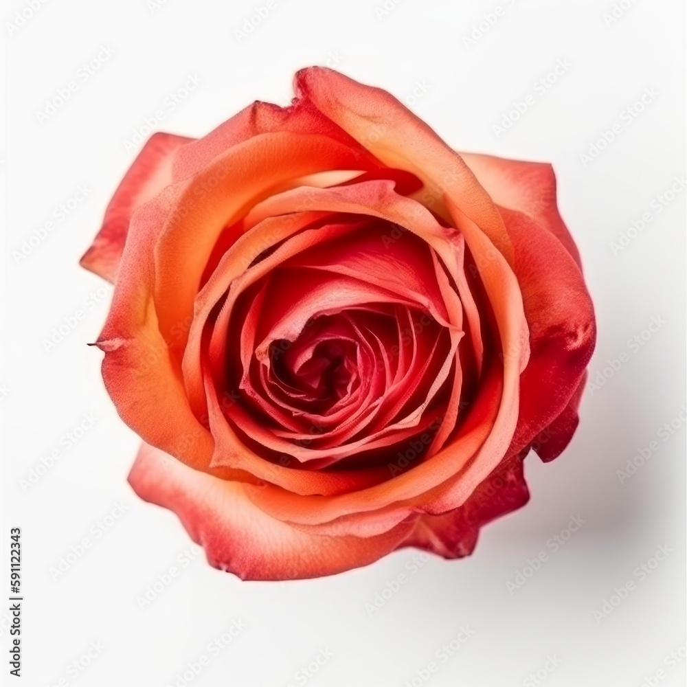 Single Rose Flower in Close-up: A Top View on White Background, Generative AI Single Rose Flower in Close-up: A Top View on White Background, Generative AI