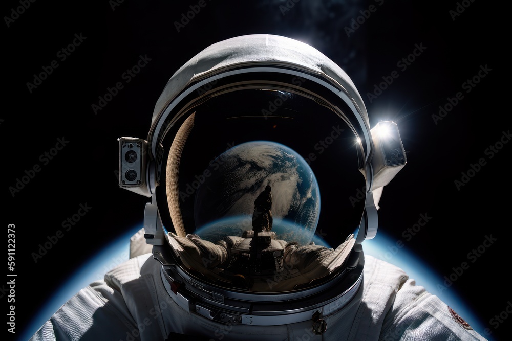 Reflection in the helmet. Astronaut in space suit. Beautiful illustration picture. Generative AI Reflection in the helmet. Astronaut in space suit. Beautiful illustration picture. Generative AI