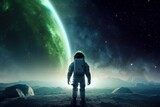 Standing and looking at the view. Cosmonaut in the space suit. Beautiful illustration picture. Generative AI